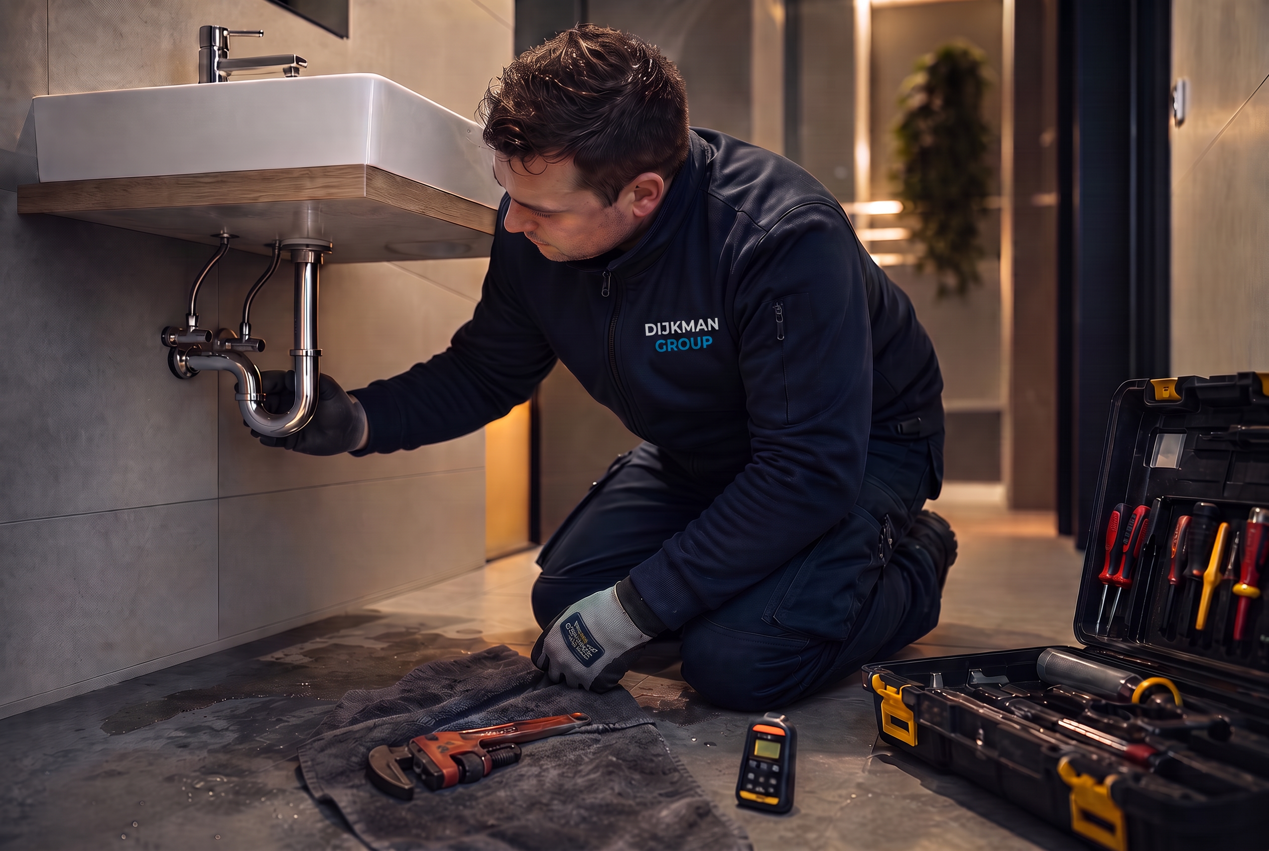 Vakman van Dijkman Group verhelpt een lekkage onder de wastafel in een badkamer